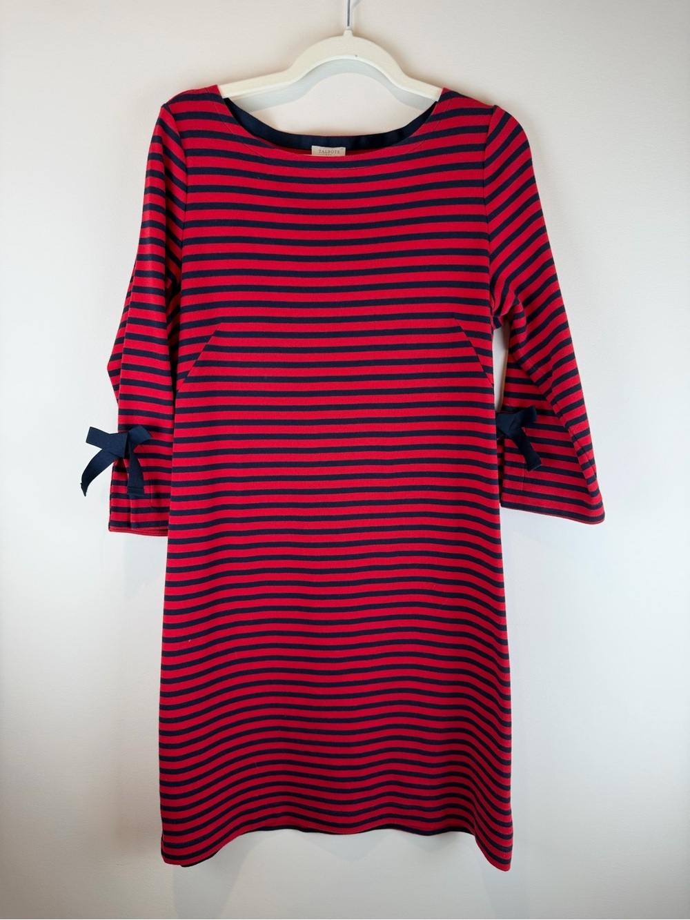 Talbots Red and Navy Striped Midi Dress with Bows Size Medium